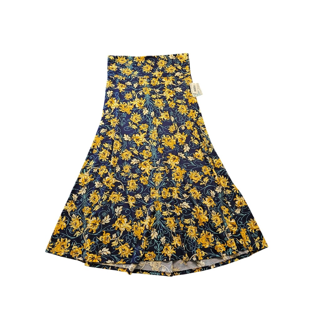 LuLaRoe Lola Maxi Skirt 2XL Navy Blue Yellow Floral Yoga Waist A-Line Stretch